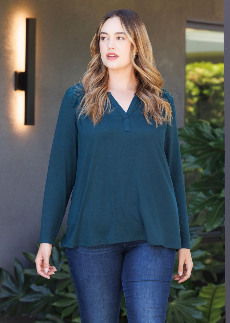 Women Daniel Rainn | Roselyn Long Sleeve Knit Top (Plus Size) Deep Forest