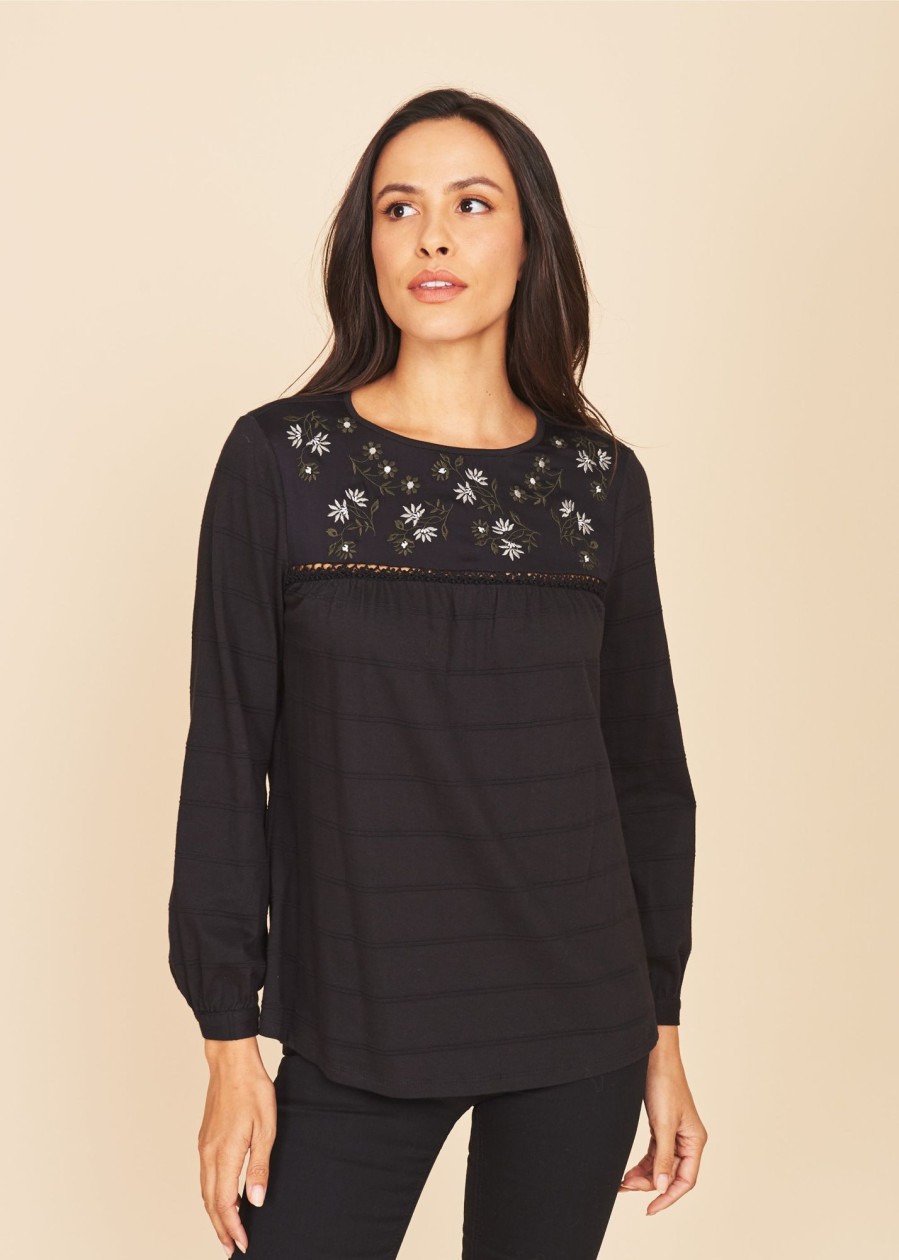 Women Daniel Rainn | Dani Long Sleeve Blouse With Embroidered Yoke L715 Black