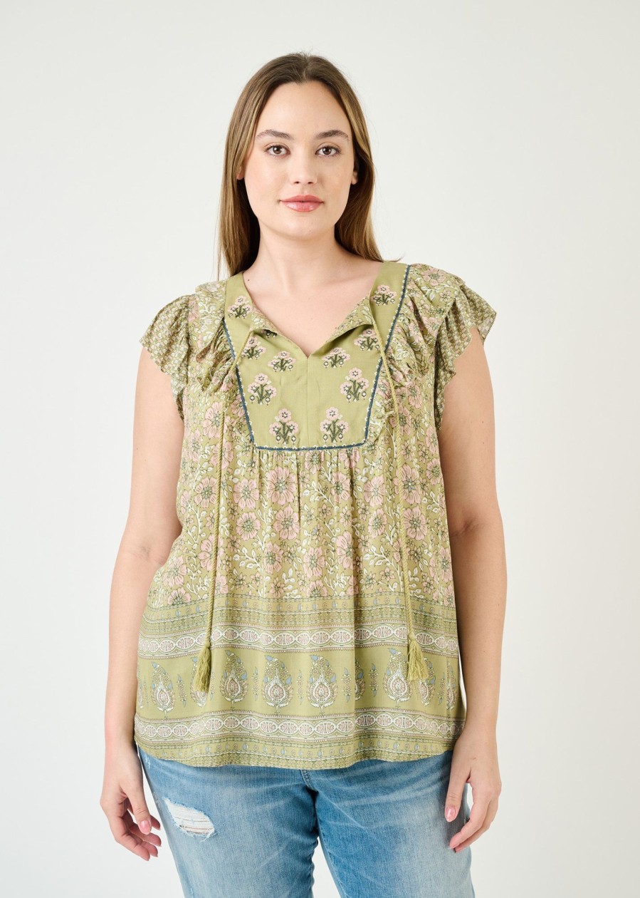 Curvy Daniel Rainn | Nancy Embroidered Floral Top (Plus Size) N688 Sage