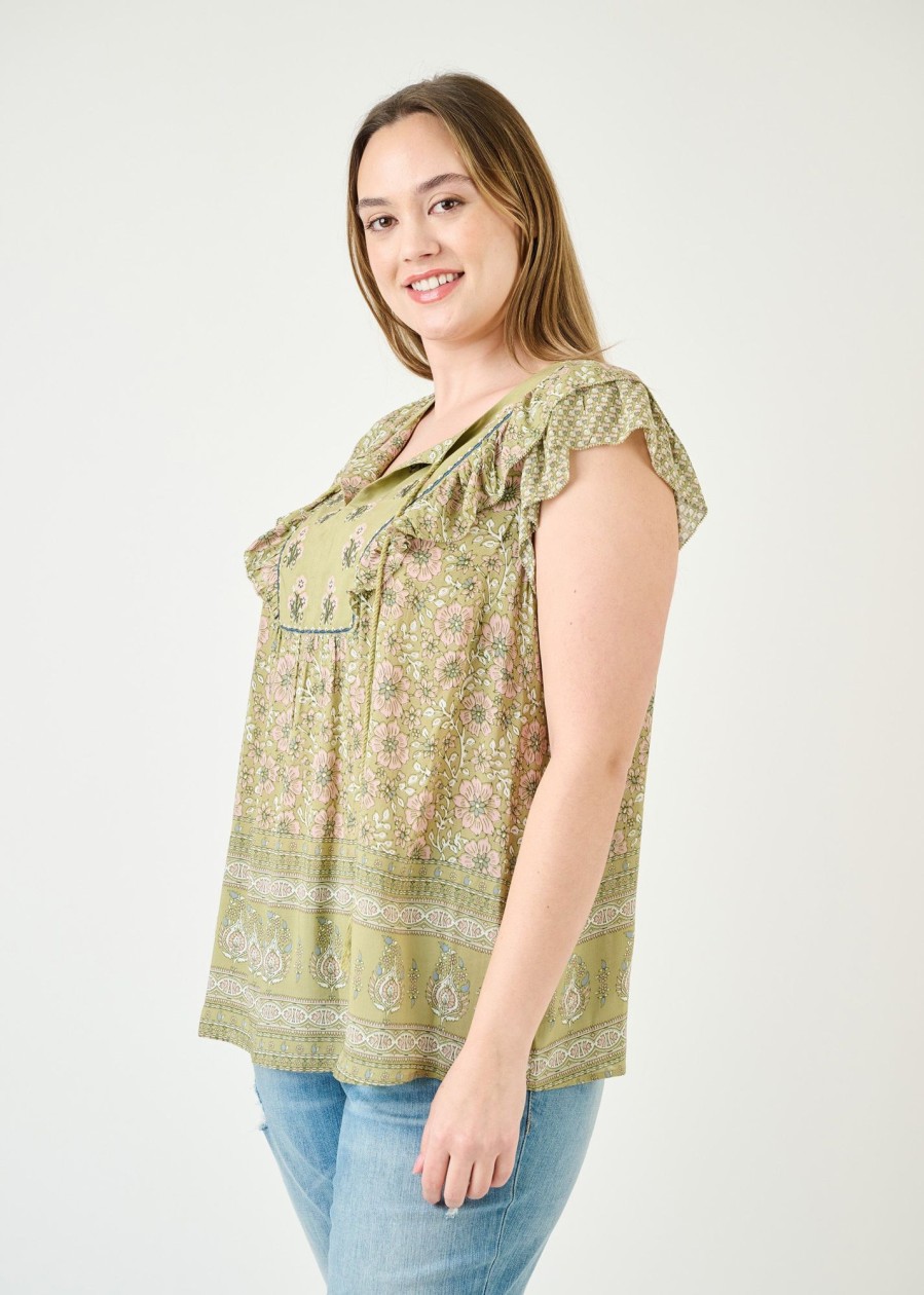 Curvy Daniel Rainn | Nancy Embroidered Floral Top (Plus Size) N688 Sage