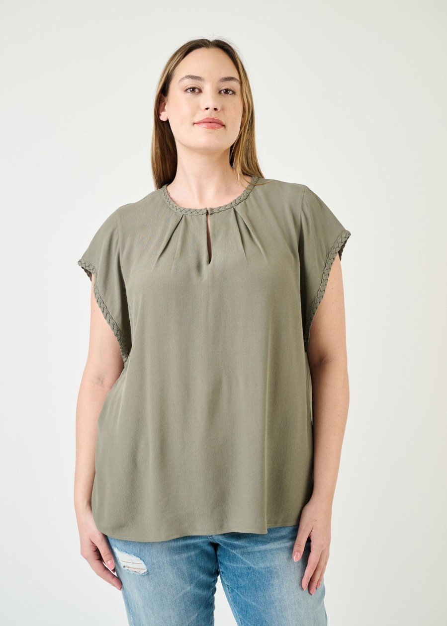 Curvy Daniel Rainn | Genesis Braided Cap Sleeve Top (Plus Size) Basil