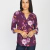 Women Daniel Rainn | Mila Maroon Roll-Tab Sleeve Floral Top H909 Multi