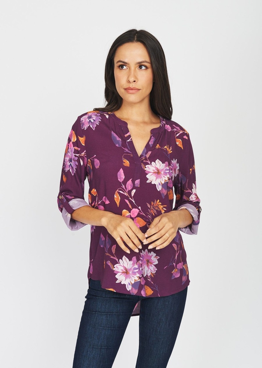 Women Daniel Rainn | Mila Maroon Roll-Tab Sleeve Floral Top H909 Multi