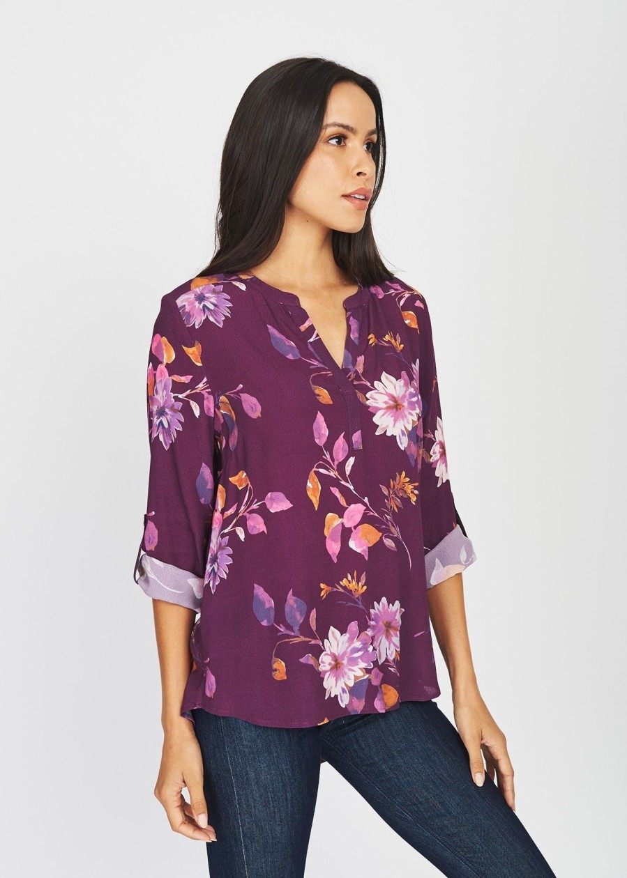 Women Daniel Rainn | Mila Maroon Roll-Tab Sleeve Floral Top H909 Multi