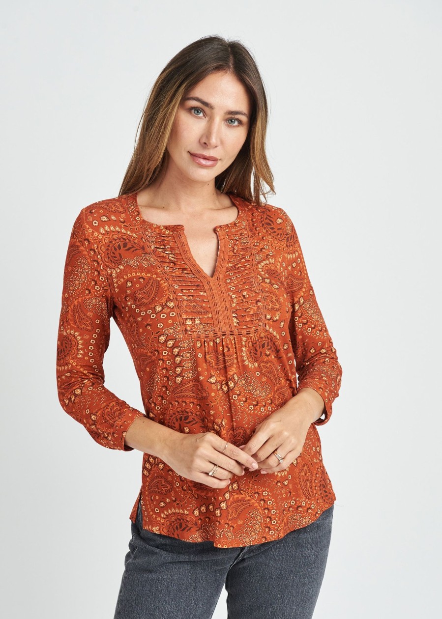 Women Daniel Rainn | Keyla 3/4 Sleeve Blouse With Crochet Lace N033 Burnt Henna