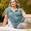 Curvy Daniel Rainn | Sophie Floral Top With Split Neck And Tassels (Plus Size) O113 Blue