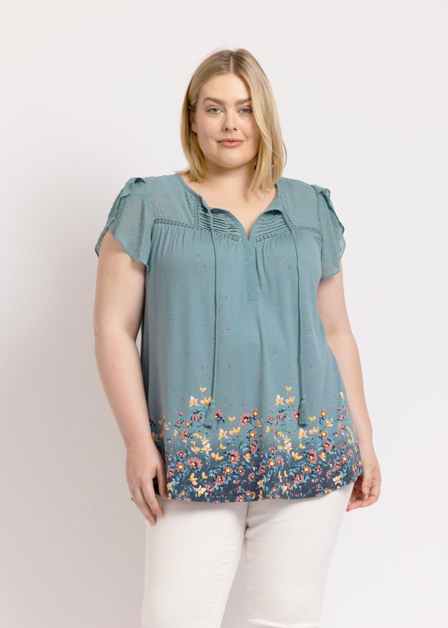 Curvy Daniel Rainn | Sophie Floral Top With Split Neck And Tassels (Plus Size) O113 Blue