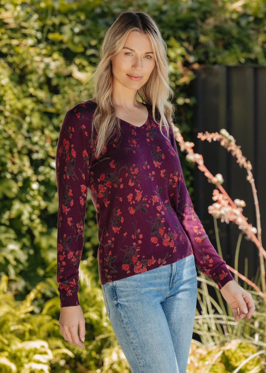 Women Daniel Rainn | Harleigh Floral V-Neck Sweater O409 Plum