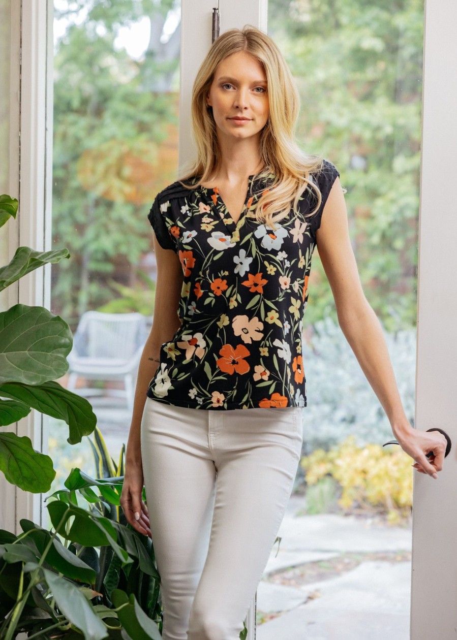 Women Daniel Rainn | Elina Floral Cap Sleeve Top O202 Black