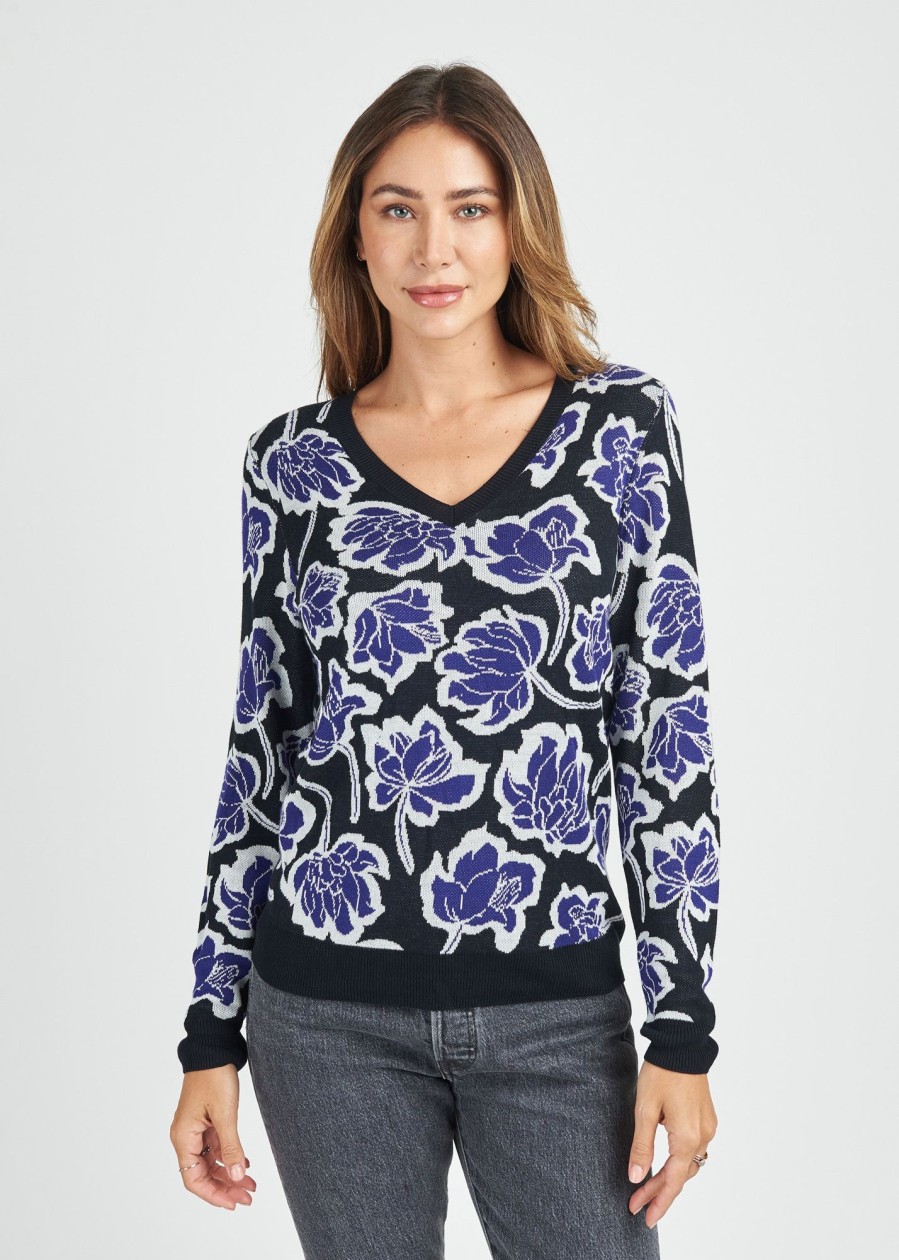 Women Daniel Rainn | Holland Floral V-Neck Pullover N094 Black