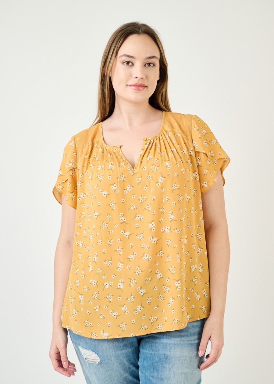 Curvy Daniel Rainn | Keilani Floral Top With Lace (Plus Size) N536 Yellow