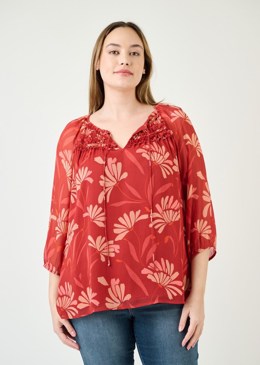 Curvy Daniel Rainn | Adalee 3/4 Sleeve Floral Top (Plus Size) N681 Wine