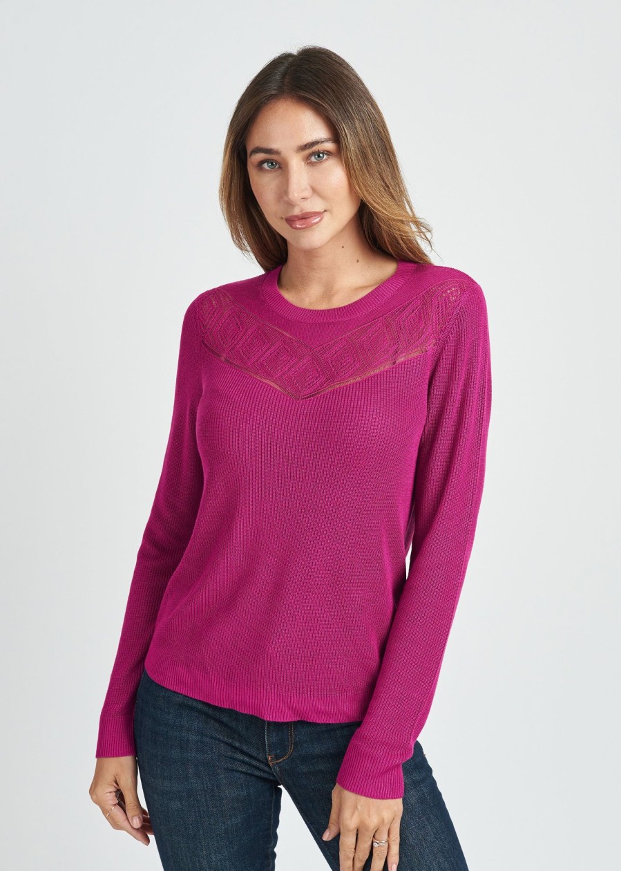 Women Daniel Rainn | Tenley Pullover Sweater With Crochet Yoke Fuchsia Pink