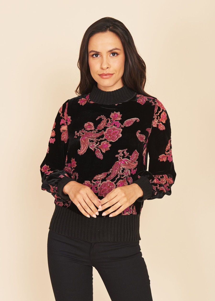 Women Daniel Rainn | Callie Velvet Burnout Pullover- Mock Turtle Neck | Daniel Rainn G539 Black