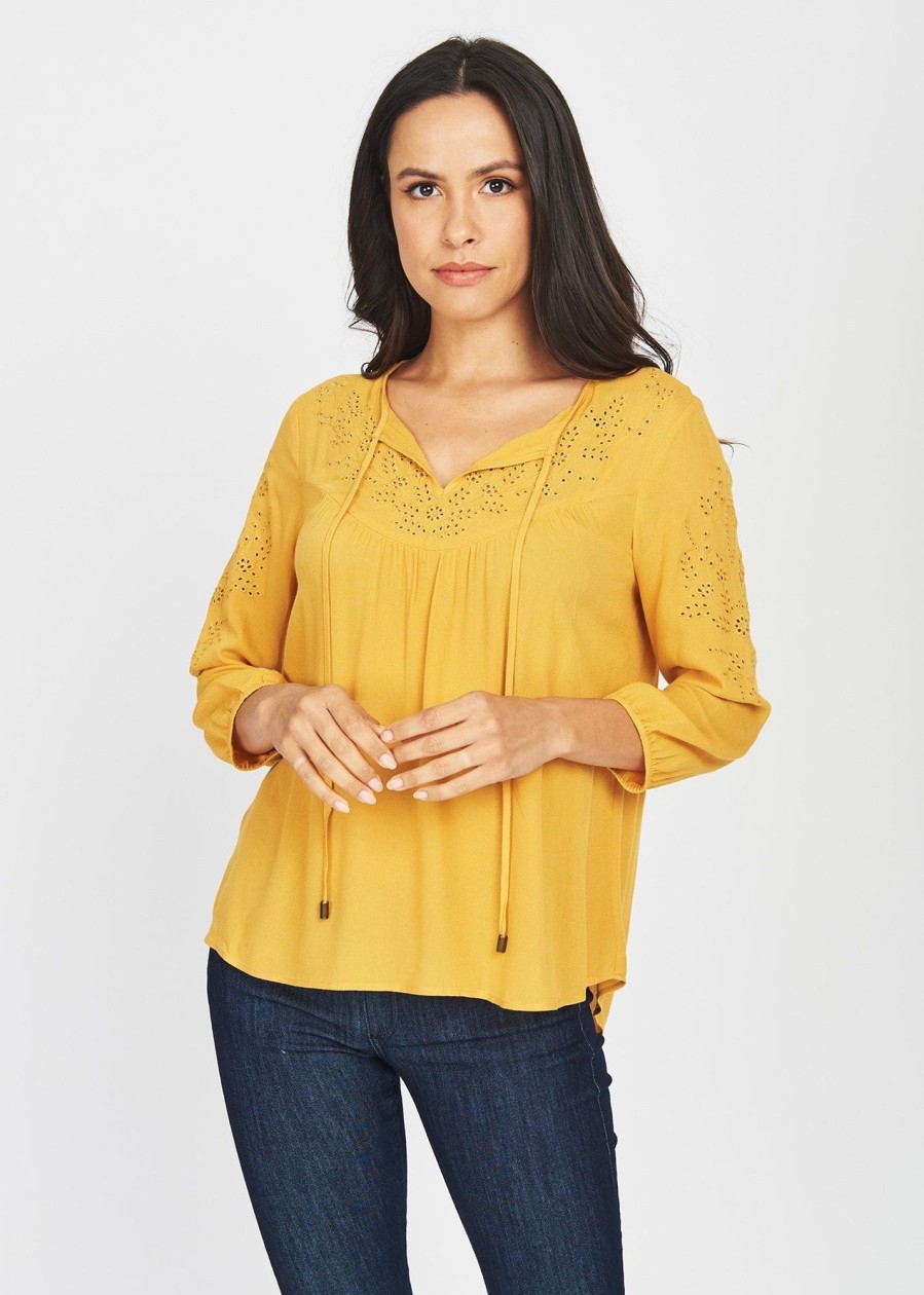 Women Daniel Rainn | Hannah Eyelet Peasant Blouse With Tassels Light Mustard