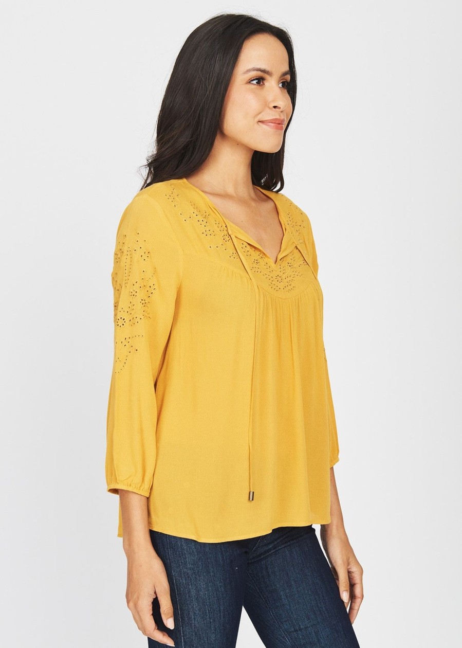 Women Daniel Rainn | Hannah Eyelet Peasant Blouse With Tassels Light Mustard