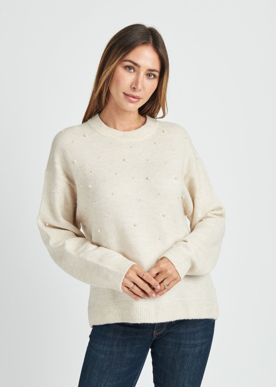 Women Daniel Rainn | Isabel Crew Neck Sweater With Pearls Heathered Beige