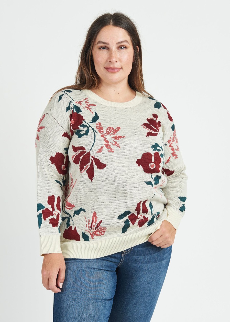 Curvy Daniel Rainn | Casey Floral Knit Pullover Sweater (Plus Size) L490 Antique Ivory