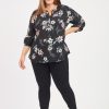 Curvy Daniel Rainn | Yasmin Floral Roll-Tab Sleeve Top (Plus Size) | Daniel Rainn D084N Black