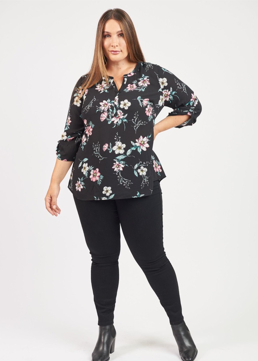 Curvy Daniel Rainn | Yasmin Floral Roll-Tab Sleeve Top (Plus Size) | Daniel Rainn D084N Black