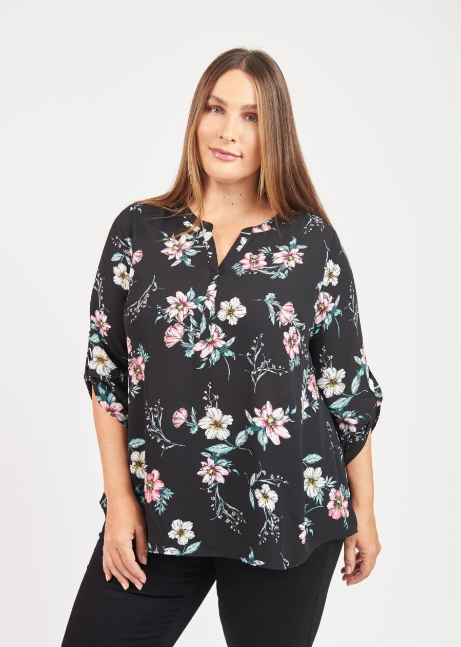 Curvy Daniel Rainn | Yasmin Floral Roll-Tab Sleeve Top (Plus Size) | Daniel Rainn D084N Black