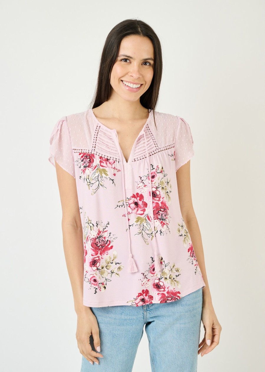 Women Daniel Rainn | Sophie Floral Top With Split Neck And Tassels H749 Lilac