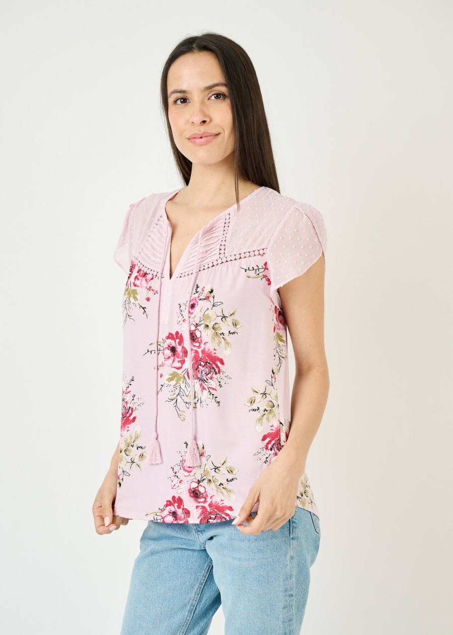 Women Daniel Rainn | Sophie Floral Top With Split Neck And Tassels H749 Lilac