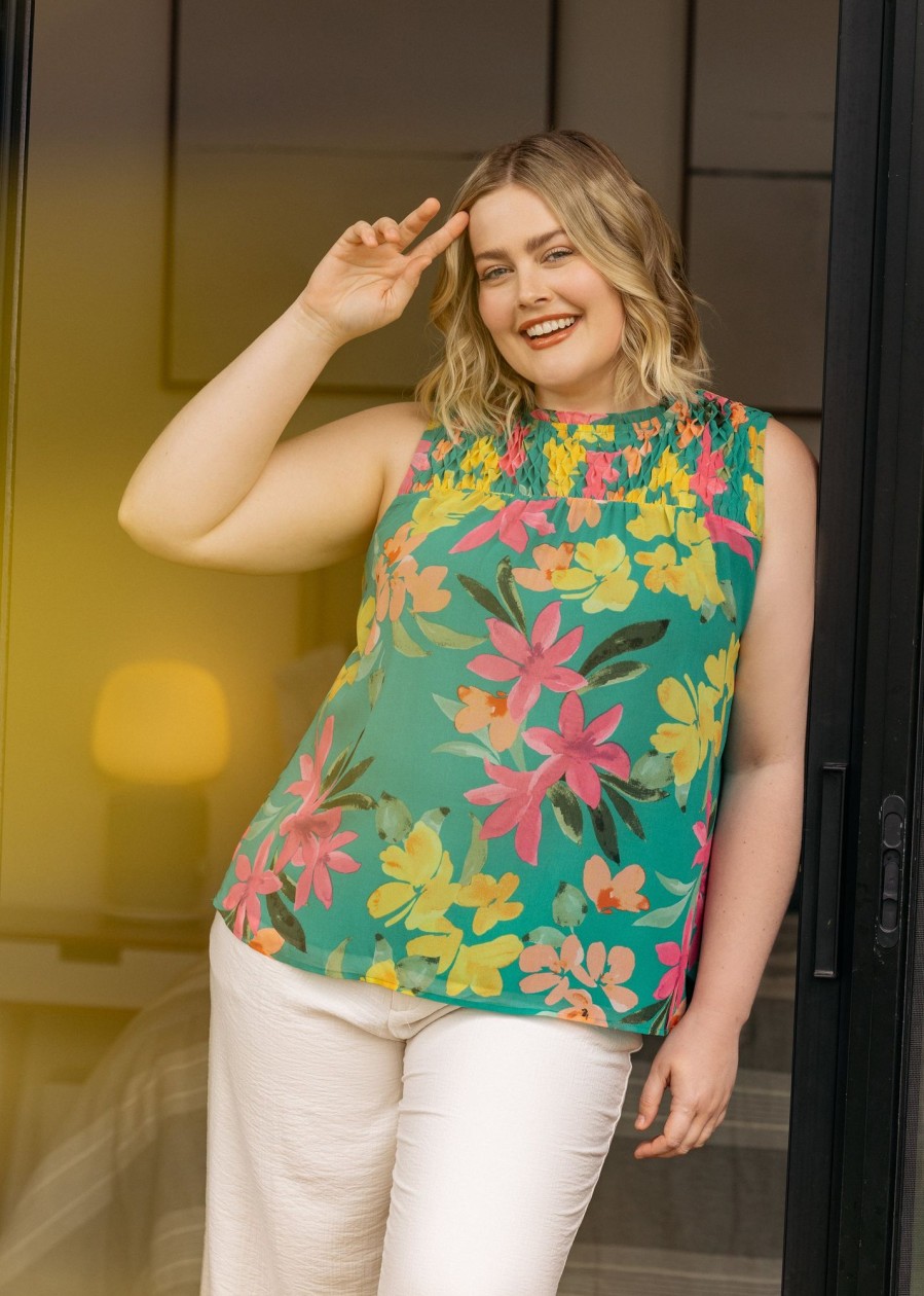 Curvy Daniel Rainn | Bexley Tropical Tank Top (Plus Size) O080 Aqua