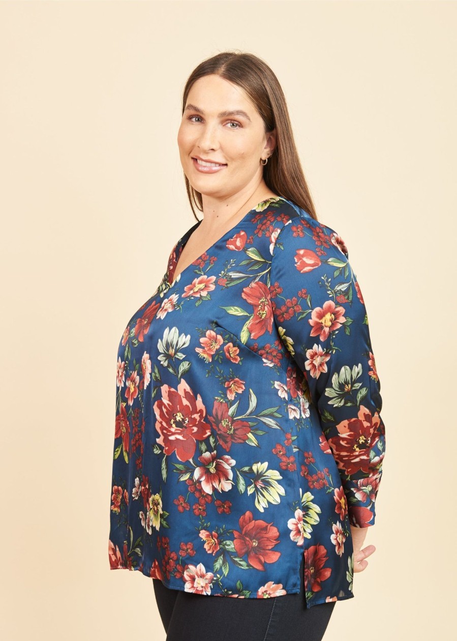 Curvy Daniel Rainn | Order Plus Size Dayna V-Neck Floral Top | Daniel Rainn G774 Teal