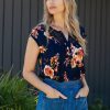 Women Daniel Rainn | Luna Floral Split-Neck Blouse L509 Indigo