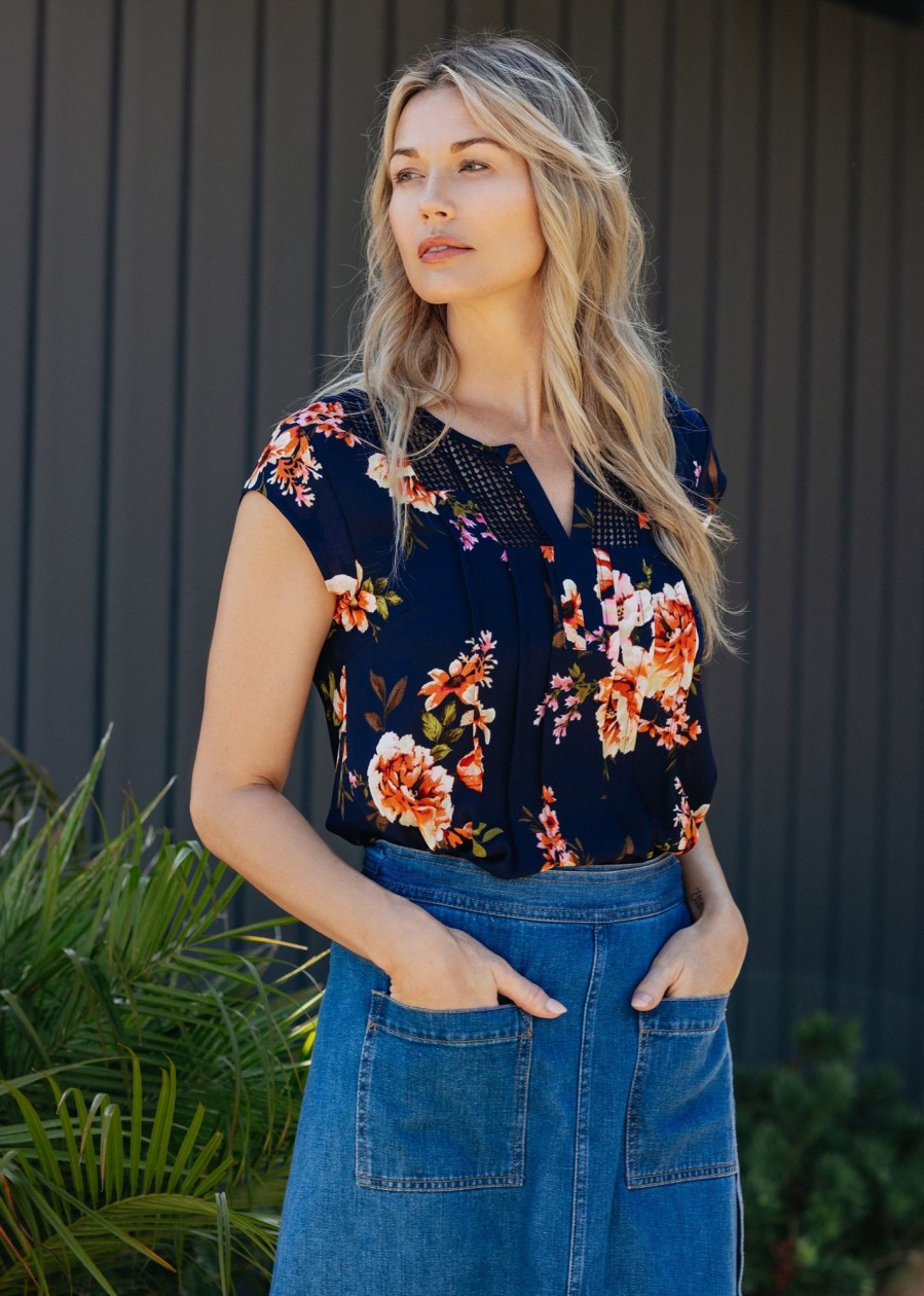 Women Daniel Rainn | Luna Floral Split-Neck Blouse L509 Indigo