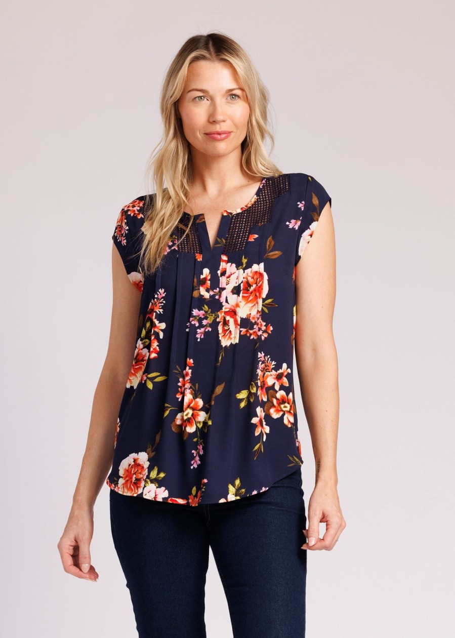 Women Daniel Rainn | Luna Floral Split-Neck Blouse L509 Indigo