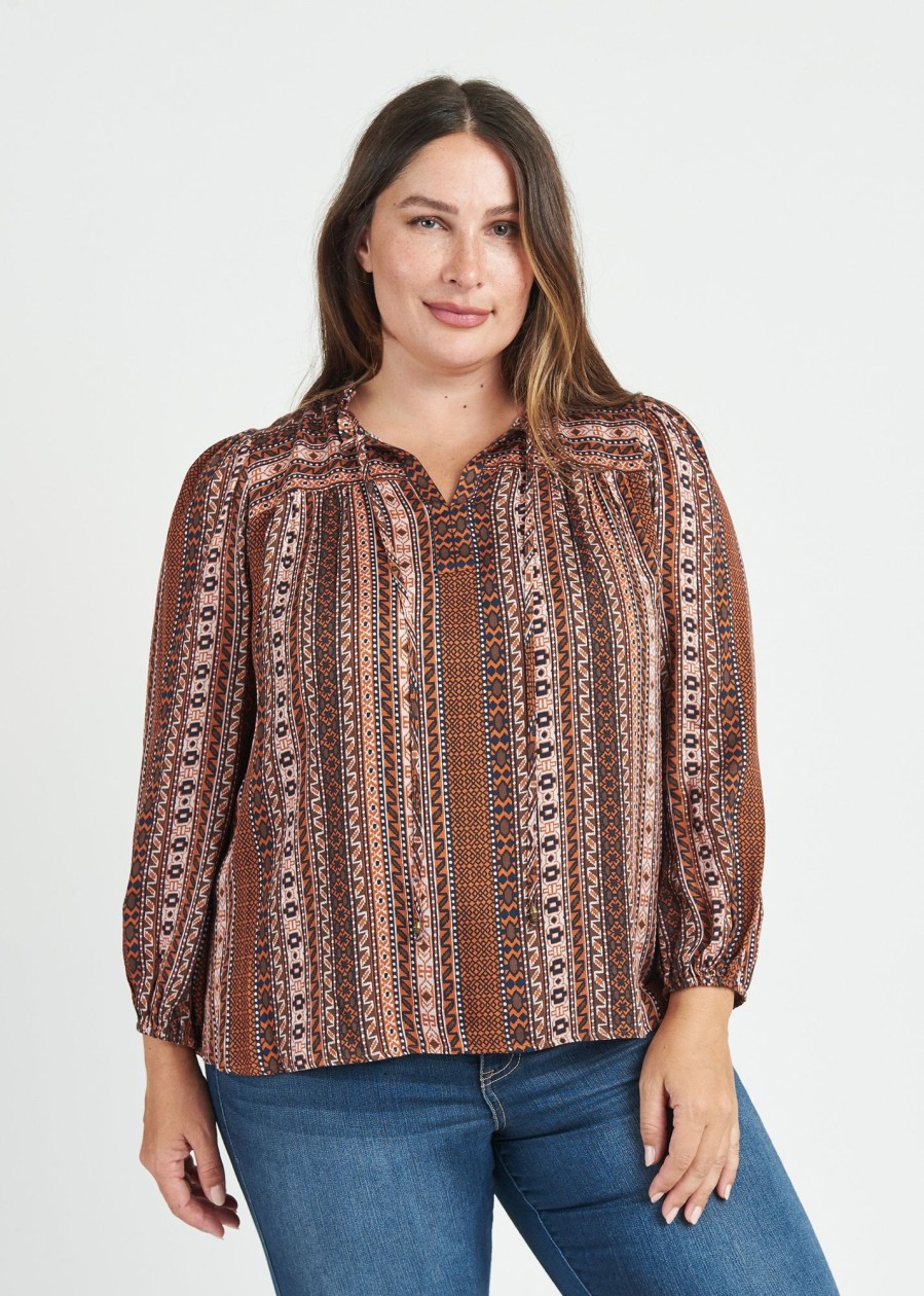 Curvy Daniel Rainn | Taliyah Long Sleeve Top With Split-Neck And Tassels (Plus Size) N408 Rust