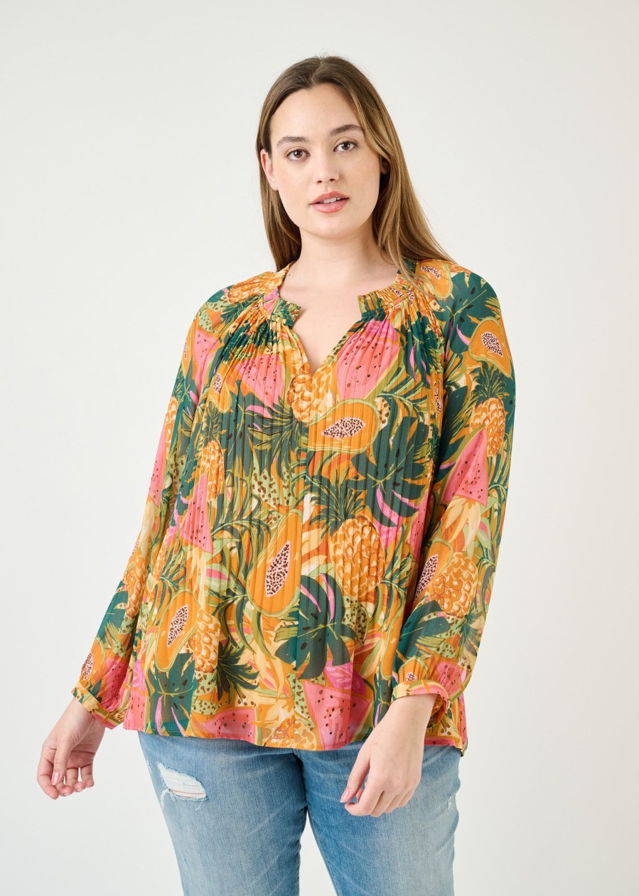 Curvy Daniel Rainn | Elle Pleated Papaya Print Top (Plus Size) N544 Papaya