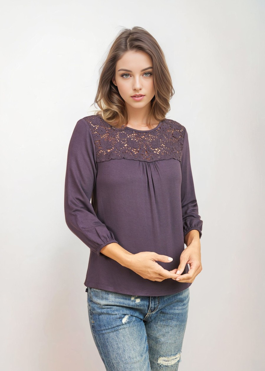 Women Daniel Rainn | Sevyn Knit Blouse With Lace Charcoal