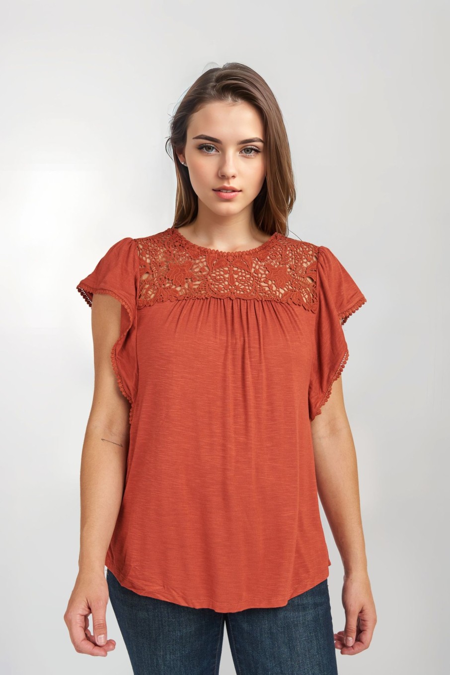 Women Daniel Rainn | Lyla Ruffle Sleeved Top With Lacework Canyon