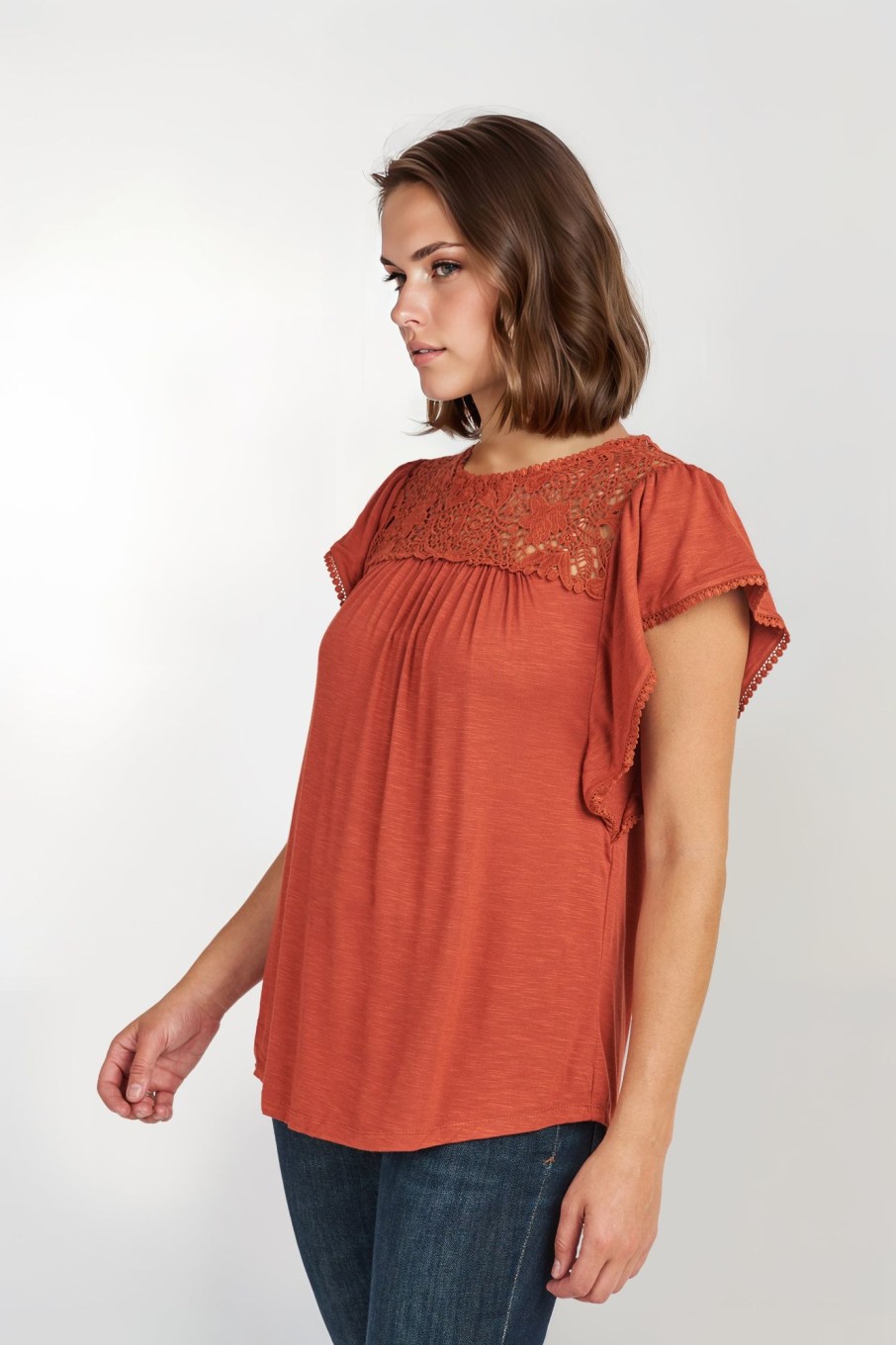 Women Daniel Rainn | Lyla Ruffle Sleeved Top With Lacework Canyon