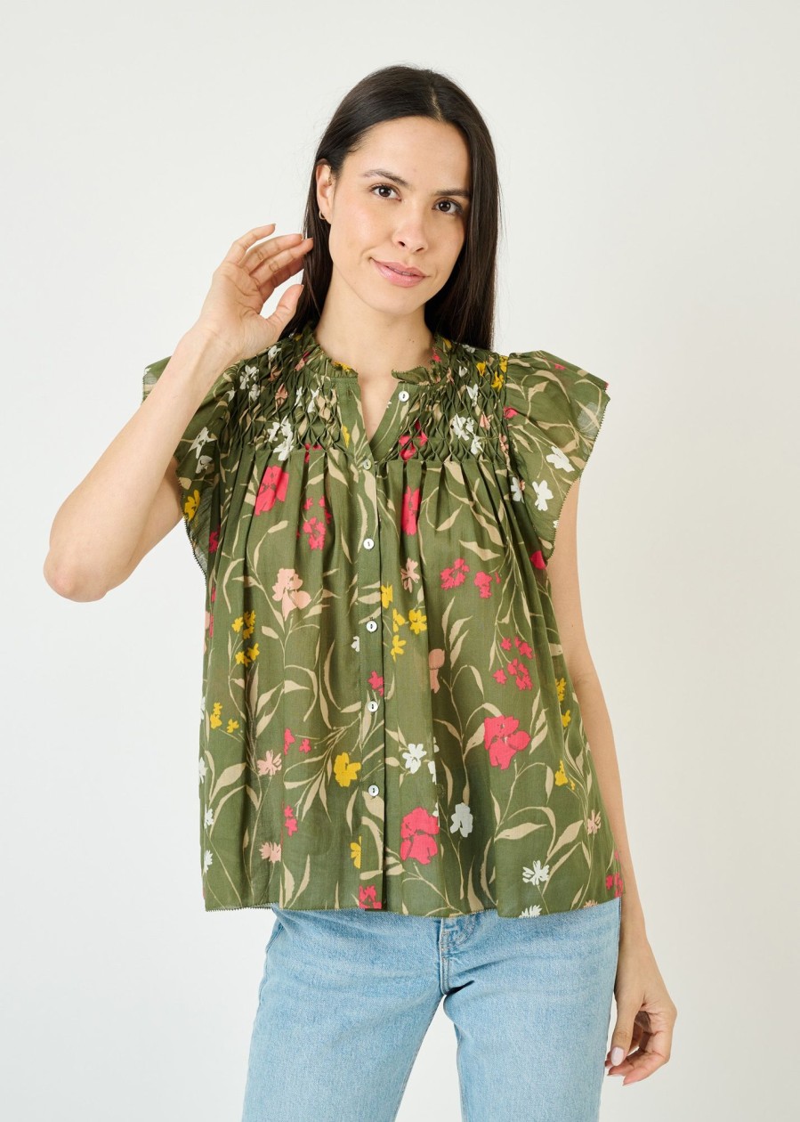 Women Daniel Rainn | Marissa Smocked Floral Top N686 Green