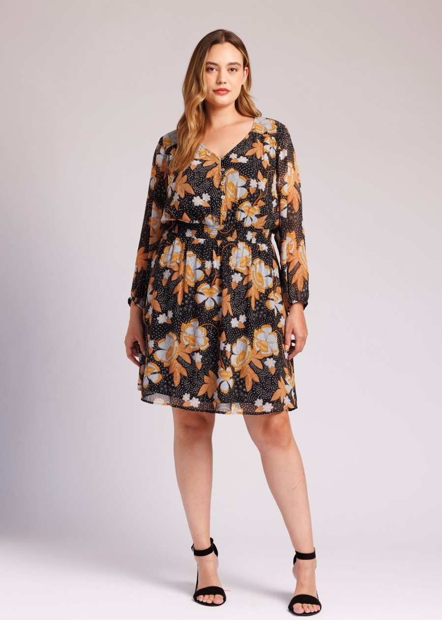 Curvy Daniel Rainn | Kayla Long Sleeve Floral Dress (Plus Size) J484 Black