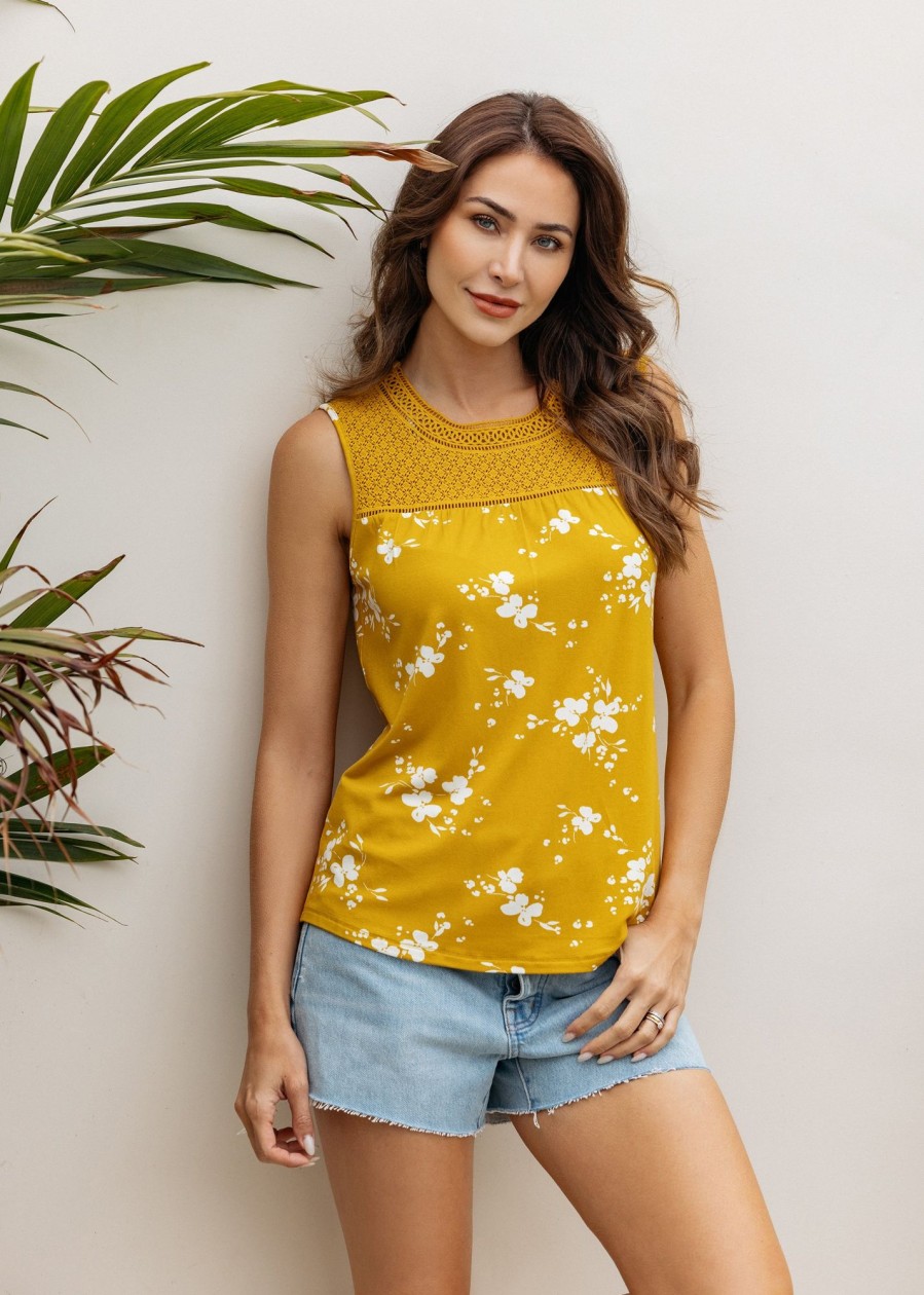 Women Daniel Rainn | Romina Lace Yoke Tank Top O126 Yellow Ochre