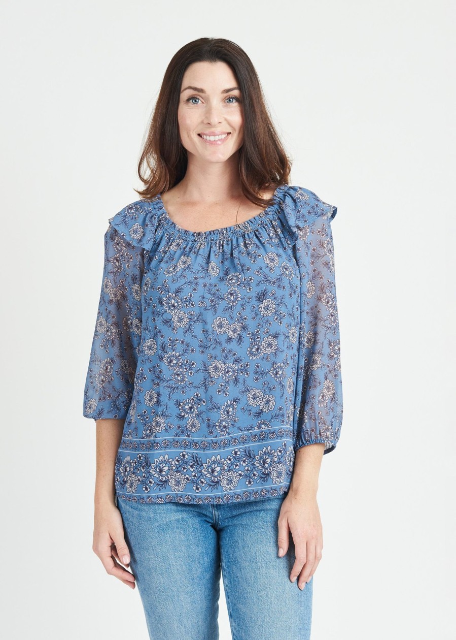 Women Daniel Rainn | Aila Smocked Top With Ruffles M409 Blue