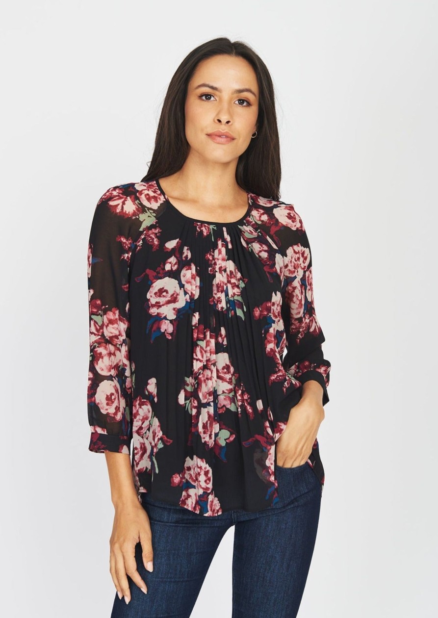 Women Daniel Rainn | Valentina Pleated Dark Floral Top G269 Black