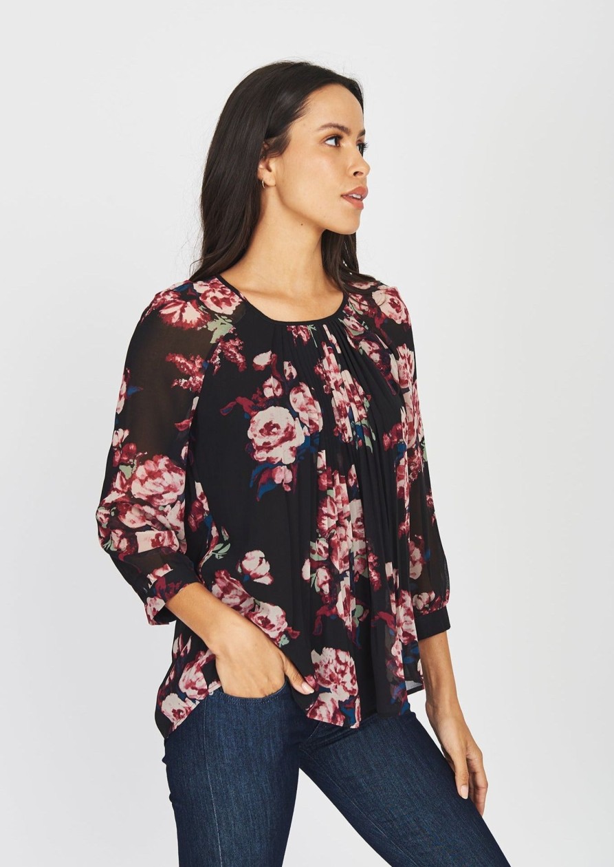 Women Daniel Rainn | Valentina Pleated Dark Floral Top G269 Black