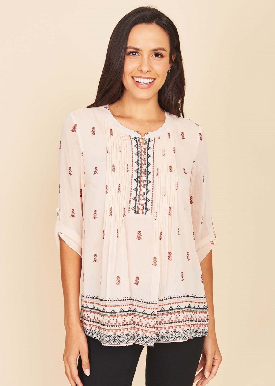 Women Daniel Rainn | Order Eva Boho Women Top With Pleated Details C Daniel Rainn I521 Cream