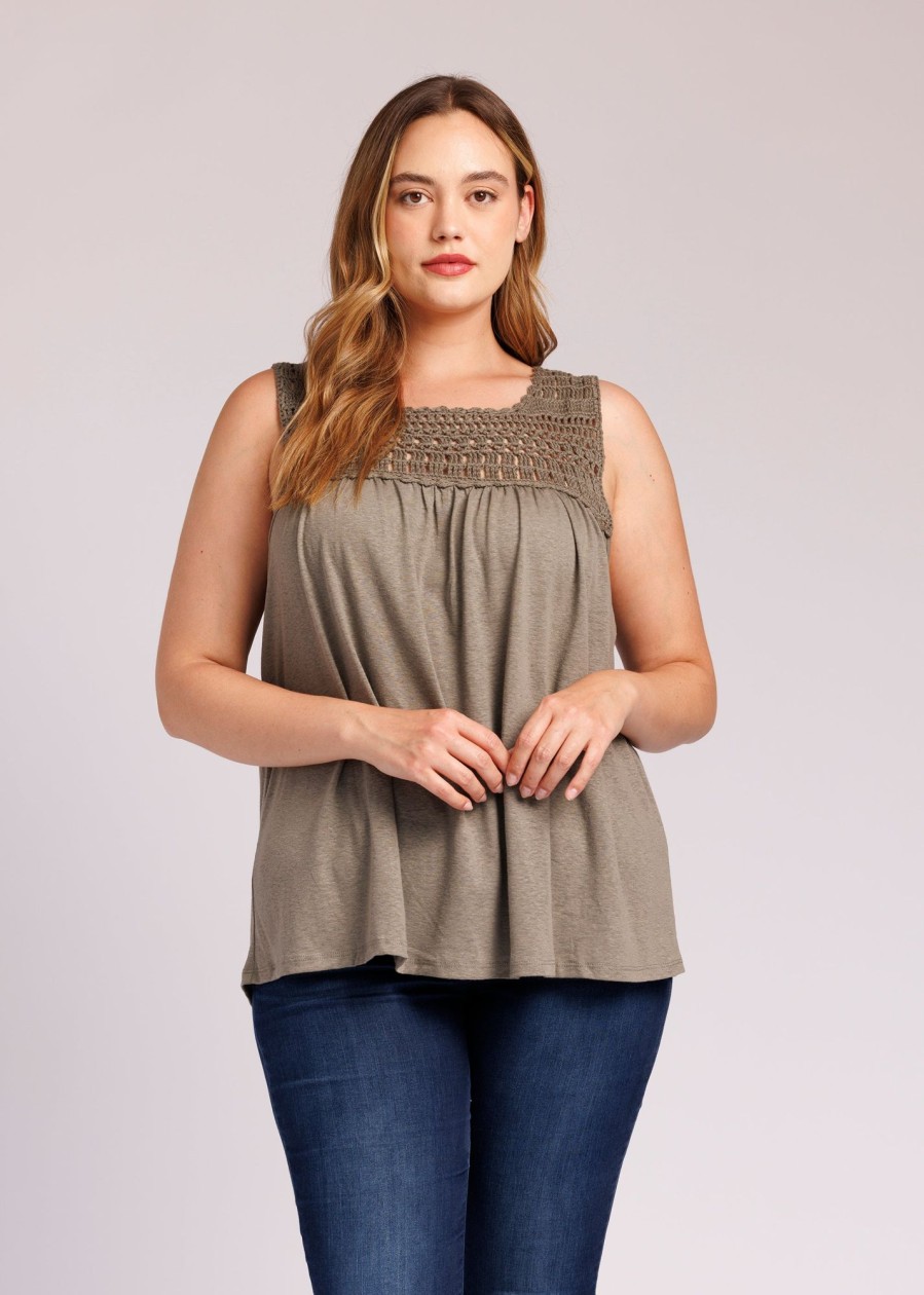 Curvy Daniel Rainn | Salma Tank Top With Crochet Lace Yoke (Plus Size) Basil