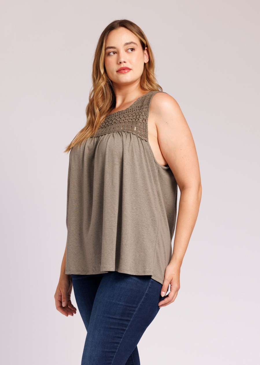 Curvy Daniel Rainn | Salma Tank Top With Crochet Lace Yoke (Plus Size) Basil