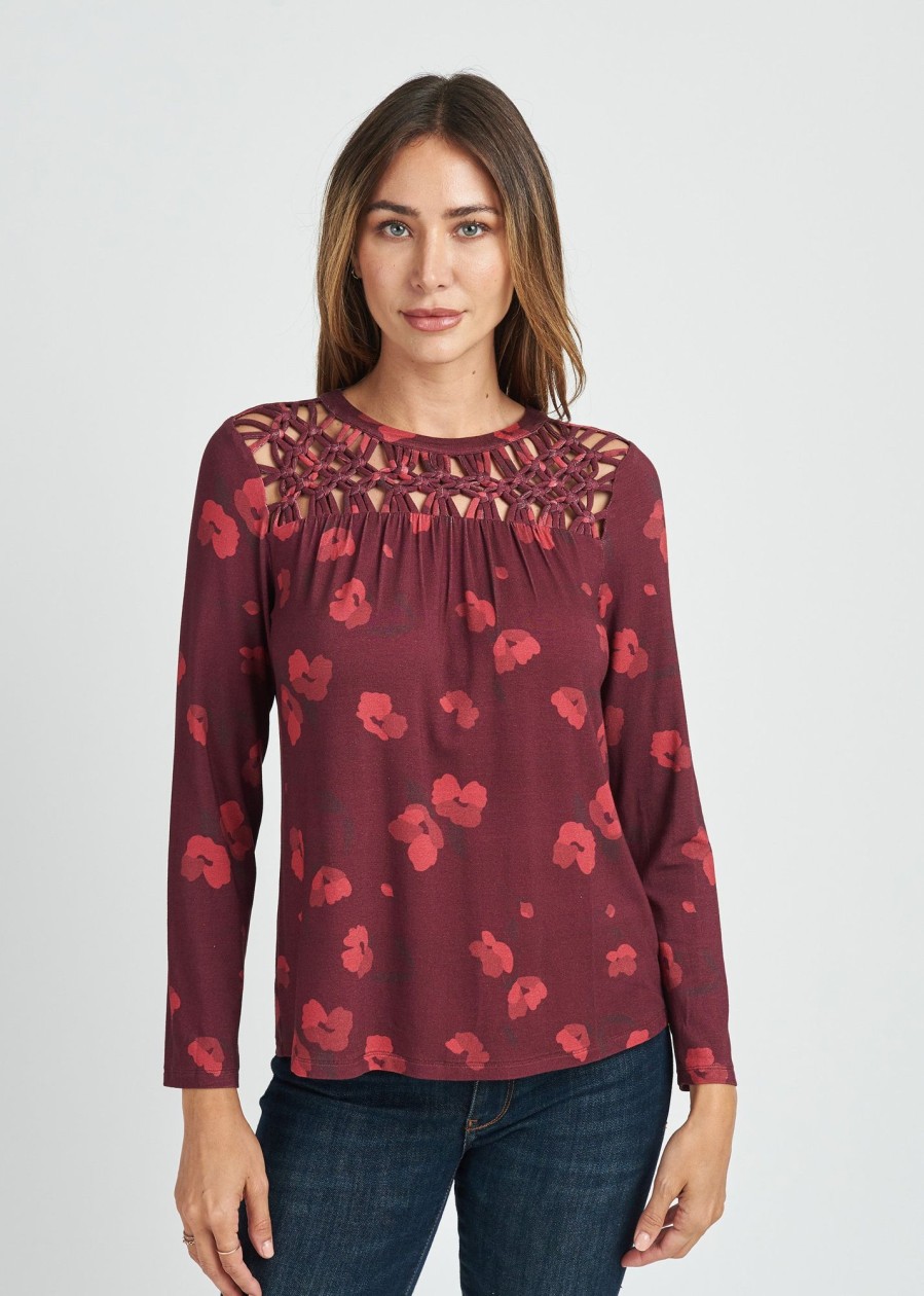 Women Daniel Rainn | Ruth Floral Top With Macrame Yoke N491 Plum