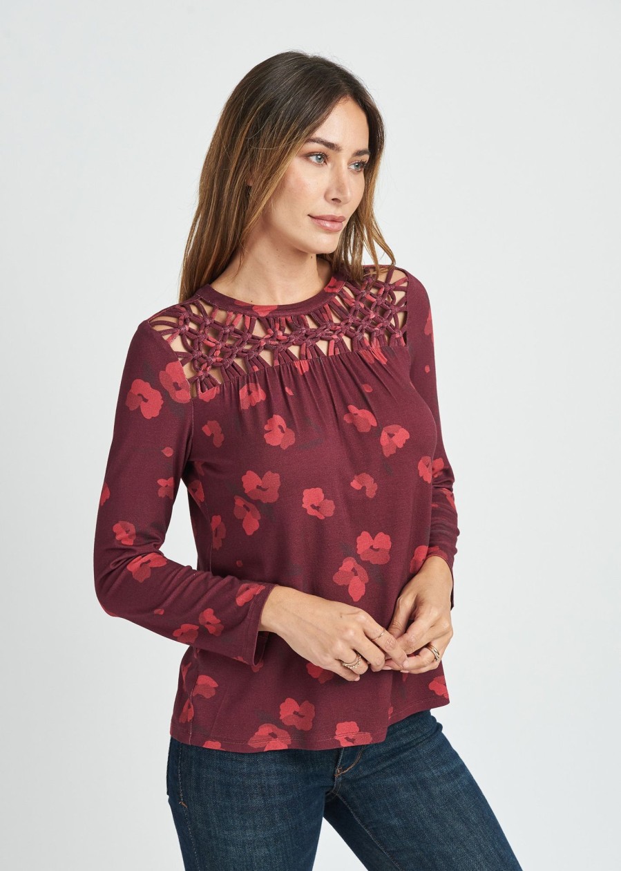 Women Daniel Rainn | Ruth Floral Top With Macrame Yoke N491 Plum