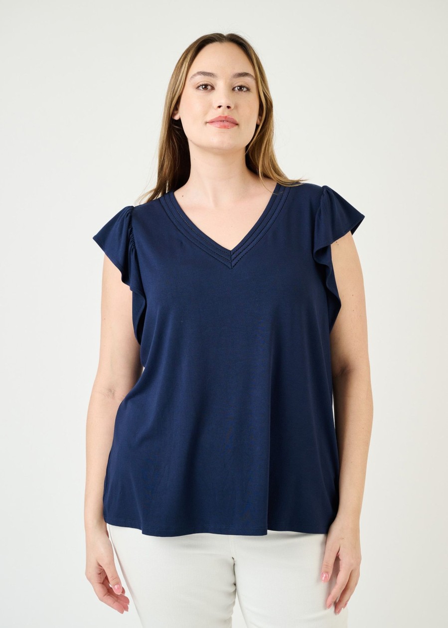 Curvy Daniel Rainn | Kyra Ruffle Sleeve V-Neck Top (Plus Size) Indigo