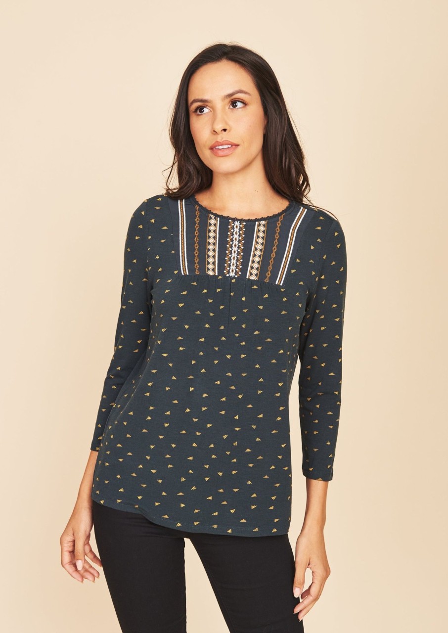 Women Daniel Rainn | Jasmine Embroidered 3/4 Sleeve Knit Top | Daniel Rainn L245 Dark Teal